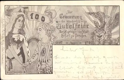 Künstler Litho Erfurt in Thüringen, 100 Jahrfeier der Zugehörigkeit zu Preußen 1902