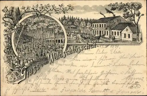 Litho Erfurt in Thüringen, Gasthaus Waldschlösschen, Kutsche, Eichhörnchen