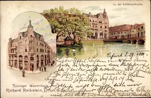 Litho Erfurt in Thüringen, Schlösserbrücke, Thüringer Warenhaus