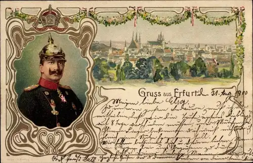 Jugendstil Litho Erfurt in Thüringen, Stadtansicht mit Dom, Kaiser Wilhelm II., Portrait