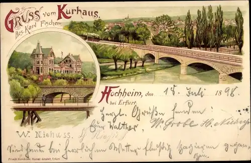 Litho Hochheim Erfurt in Thüringen, Kurhaus, Brückenpartie mit Stadtbild