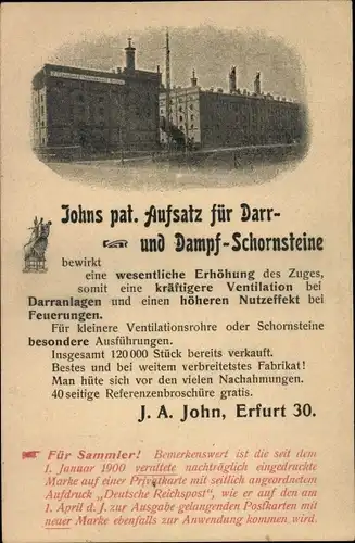 Ak Erfurt in Thüringen, Johns pat. Aufsatz für Darr und Dampfschornsteine, Fabrikgelände, Reklame