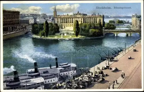 Ak Stockholm Schweden, Riksdagshuset, Dampfer