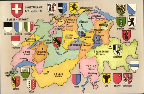 Landkarten Ak Schweiz, Svizzeria, Kantone, Suisse