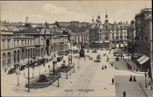 Ak Zürich Stadt Schweiz, Bahnhofplatz, Straßenbahn