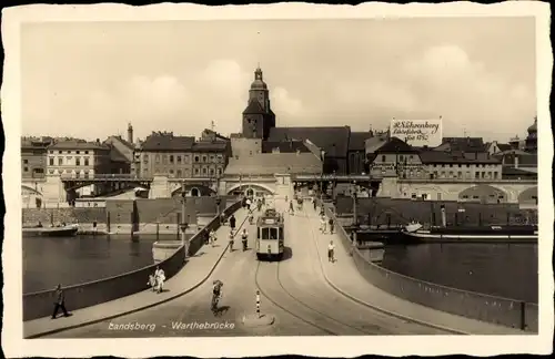 Ak Gorzów Wielkopolski Landsberg an der Warthe Ostbrandenburg, Warthebrücke, Straßenbahn