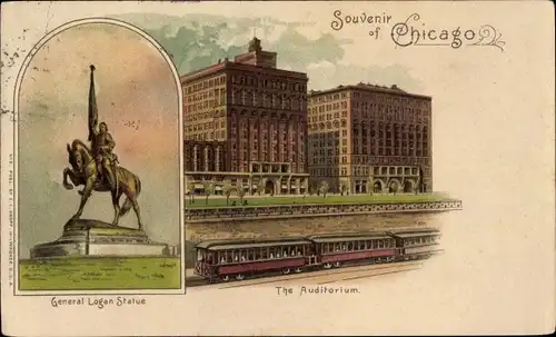 Litho Chicago Illinois USA, General Logen Statue, The Auditorium