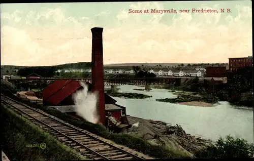 Ak Marysville Fredericton New Brunswick Kanada, Blick auf den Ort, Bahnschienen, Schornstein