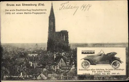 Ak Strasbourg Straßburg Elsass Bas Rhin, Kirche, Automobile Mathis, Fahrzeuge