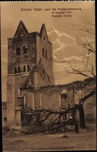 Ak Działdowo Soldau Ostpreußen, Evangelische Kirche, Nach der Russenvertreibung 1914