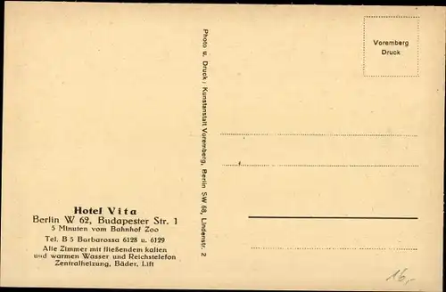 Ak Berlin Charlottenburg, Hotel Vita, Budapester Straße 1