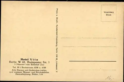 Ak Berlin Charlottenburg, Hotel Vita, Budapester Straße 1