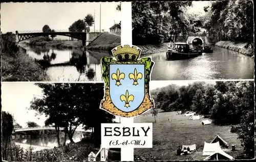 Ak Esbly Seine et Marne, Pont, Péniches, Camping, Écusson