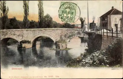Ak Boncourt Kt Jura, Flusspartie am Bahnhof, Dampflok