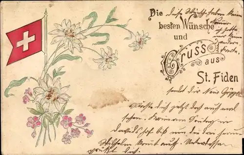 Präge Litho St Fiden Sankt Gallen Stadt Schweiz, Landesfahne, Edelweiß