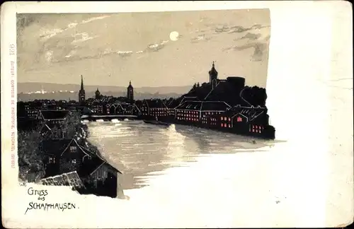 Mondschein Litho Schaffhausen Stadt Schweiz, Blick auf den Ort