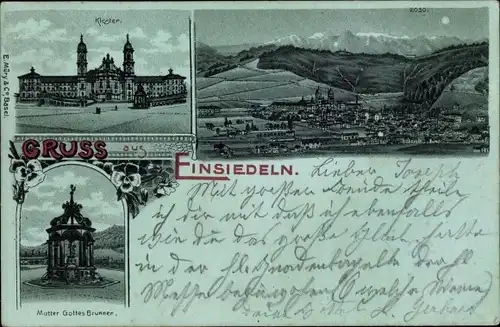 Mondschein Litho Einsiedeln Kanton Schwyz Schweiz, Kloster, Mutter Gottes Brunnen, Totalansicht