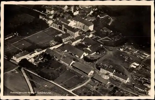 Ak Schönbrunn Röhrmoos in Oberbayern, Associations Anstalt, Fliegeraufnahme