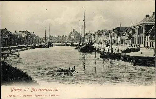 Ak Brouwershaven Zeeland, Flusspartie