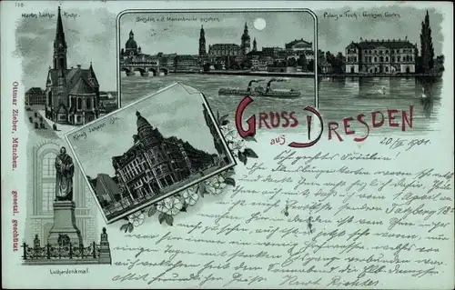 Mondschein Litho Dresden Altstadt,  Lutherdenkmal, Großer Garten, Palais und Teich