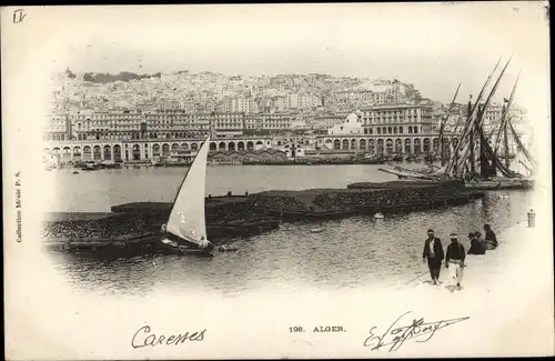 Ak Algier Alger Algerien, Hafen, Blick über das Wasser zur Stadt, Kähne, Segelboote