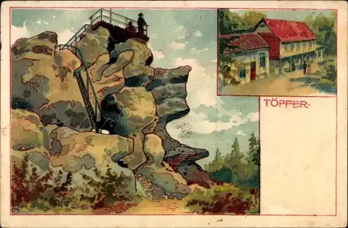 Künstler Ak Oybin in der Oberlausitz, Töpfer, Felsformation, Aussichtsplattform