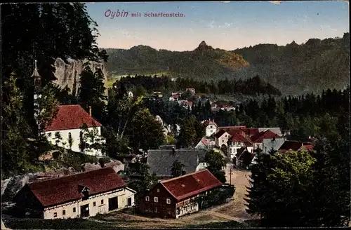 Ak Oybin in Sachsen, Blick auf den Ort mit Scharfenstein, Kirche