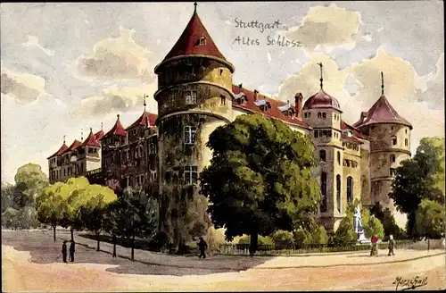 Künstler Ak Marschall J., Stuttgart, Altes Schloss mit Gerokdenkmal