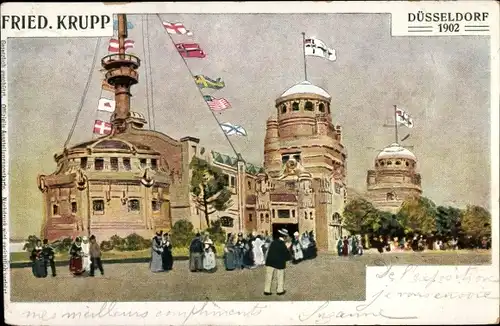 Ak Düsseldorf, Gewerbeausstellung 1902, Pavillon Fried. Krupp, Flaggen aller Nationen