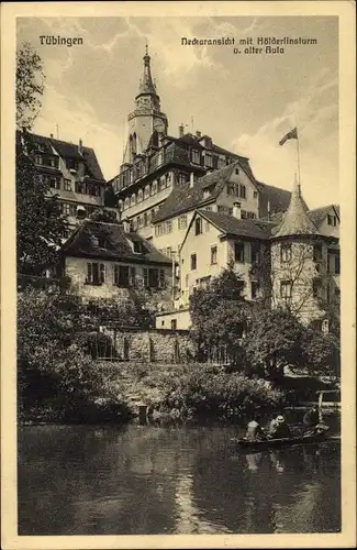 Ak Tübingen am Neckar Baden Württemberg, Neckaransicht mit Hölderlinsturm und alter Aula