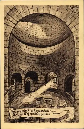 Künstler Ak Tübingen am Neckar, Schloss Hohentübingen, Fehmgericht im Schlosskeller