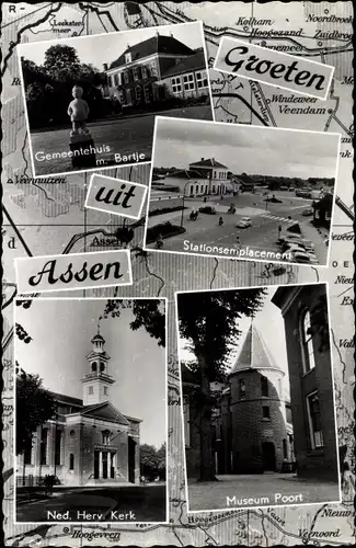 Ak Assen Drenthe Niederlande, Gemeentehuis m. Bartje, Ned. Herv. Kerk, Museum Poort