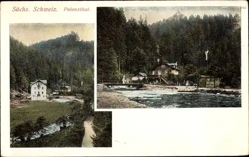 Ak Neustadt in Sachsen, Blick ins Polenztal, Flusspartie, Häuser, Wald