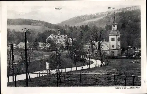 Ak Dürrröhrsdorf Dittersbach in Sachsen, Blick auf das Schloss, Kirche