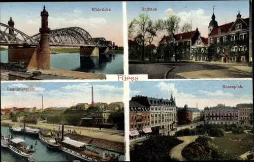 Ak Riesa an der Elbe Sachsen, Elbbrücke, Rathaus, Landungsplatz, Rosenplatz