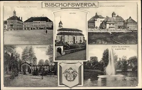 Ak Bischofswerda in Sachsen, Marktplatz, Rathaus, Kirche, Butterberg, Park, Oberschule, Wappen