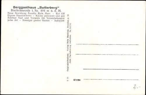 Ak Butterberg Bischofswerda in Sachsen, Berggasthaus Butterberg