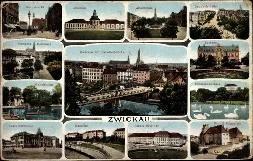 Ak Zwickau in Sachsen, Stadtansichten, Museum, Albertplatz, Postamt, Schloss, Seminar, Kaserne