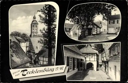 Ak Tecklenburg in Nordrhein Westfalen, Marktlinde, Evangelische Kirche, Legge