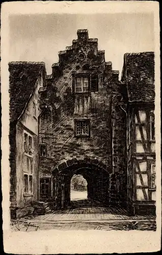 Künstler Ak Erbach im Odenwald Hessen, Rathausbogen vom Städtel gesehen