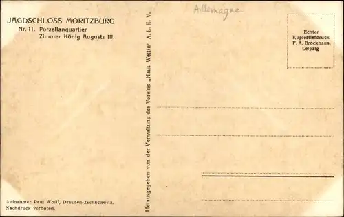 Ak Moritzburg Sachsen, Jagdschloss, Porzellanquartier, Zimmer König August III.