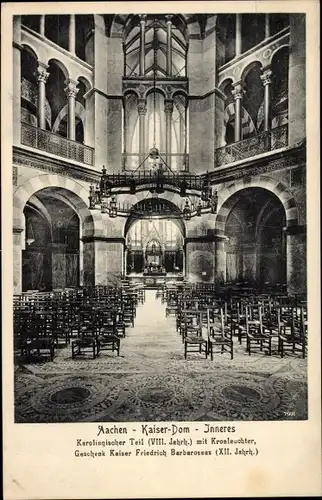 Ak Aachen in Nordrhein Westfalen, Kaiser Dom, Innenansicht, Karolingischer Teil, Kronleuchter