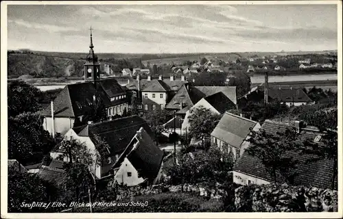 Ak Diesbar Seußlitz Nünchritz an der Elbe, Blick auf Kirche und Schloss