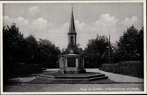 Ak Gröditz Sachsen, Kriegerdenkmal, Kirche, Gasthof Richter