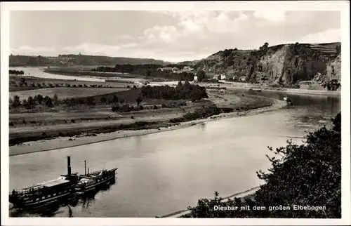 Ak Diesbar Seußlitz Nünchritz an der Elbe, Blick aus dem großen Elbebogen, Dampfer