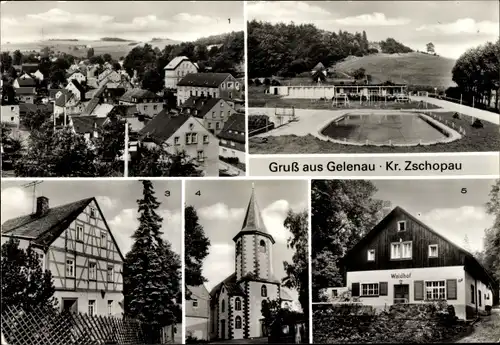 Ak Gelenau im Erzgebirge, Übersicht, Freibad, Fachwerkhaus, Kirche, Ausflugsgaststätte Waldhof