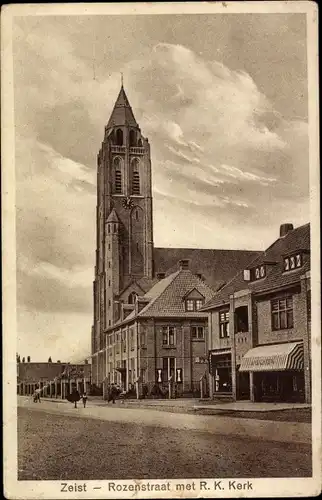 Ak Zeist Utrecht Niederlande, Rozenstraat met R. K. Kerk