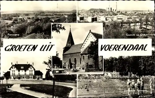 Ak Voerendaal Limburg, Panorama, Station, Zwembad, R. K. Kerk