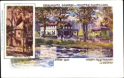 Künstler Ak Zittau, Gewerbe und Industrieausstellung 1902, Rehzwinger, Hauptrestaurant Weinau