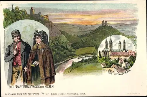 Künstler Litho Starck, R., Naumburg an der Saale, Dom, Paar in Tracht, Rudelsburg, Mann mit Pfeife